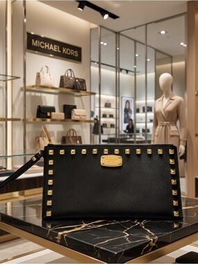 Michael Kors Black Wristlet with Gold Zip and Stud Accents EUC